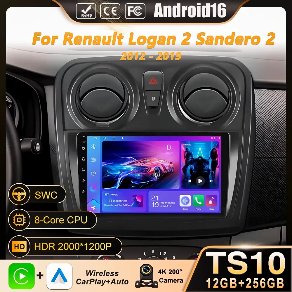 Android 16 carplay auto para renault logan 2 sandero 2 2012 - 2016 2017 2018 2019 rádio do carro reprodutor multimídia estéreo gps wifi dps - 1