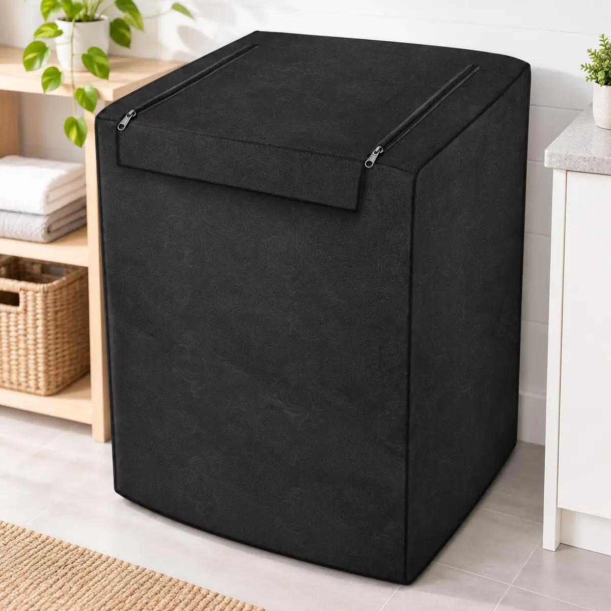 Capa Máquina de Lavar 12kg a 16kg Impermeável Flanelada com Zíper | Tamanho G All Black Proteção UV Perolizada Poeira Umidade Respingos Lavadora