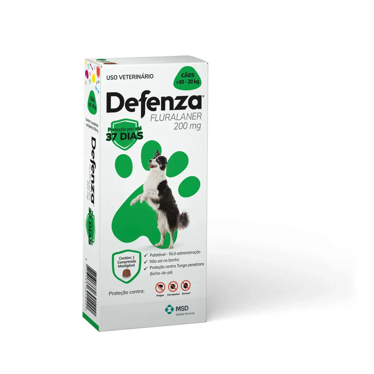 Defenza® 200mg Antipulgas Carrapatos Sarnas Cães 10-20kg 1 Comp. | Bicho-de-Pé, Mastigável, MSD Saúde Animal - 1