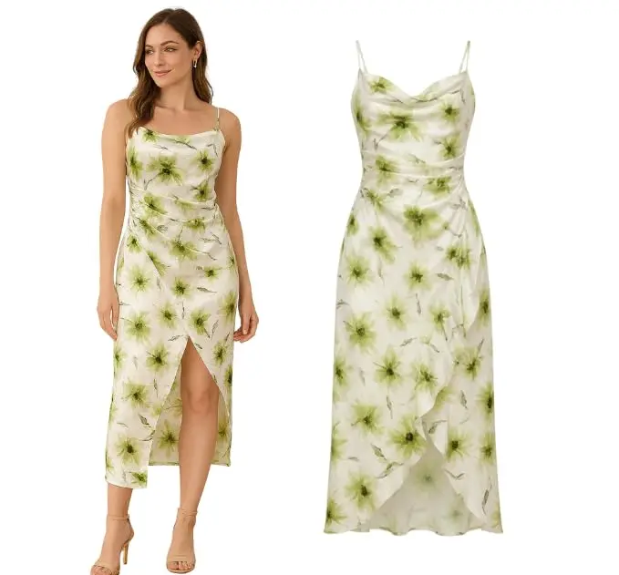 Vestido Feminino Midi Cetim Floral Branco Alça Fina Ajustável com Drapeado Lateral Elegante para Festa, Casamento, Formatura, Social e Eventos Modelo Soltinho
