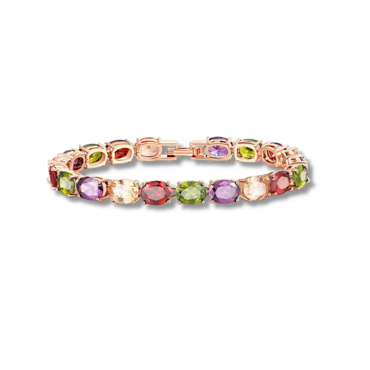 Pulseira Feminina Riviera Dourada com Zircônias Multicoloridas, Ovaladas, 20,7cm, Joia Elegante, Luxuosa, para Festa, Jantar, Evento e Uso Diário - 1