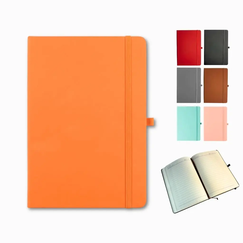 Caderno A5 Com Pauta 80 Folhas 80g Caderneta 14x21 com Suporte Para Caneta Capa Dura Emborrachada Cor Laranja - 1 Unidade