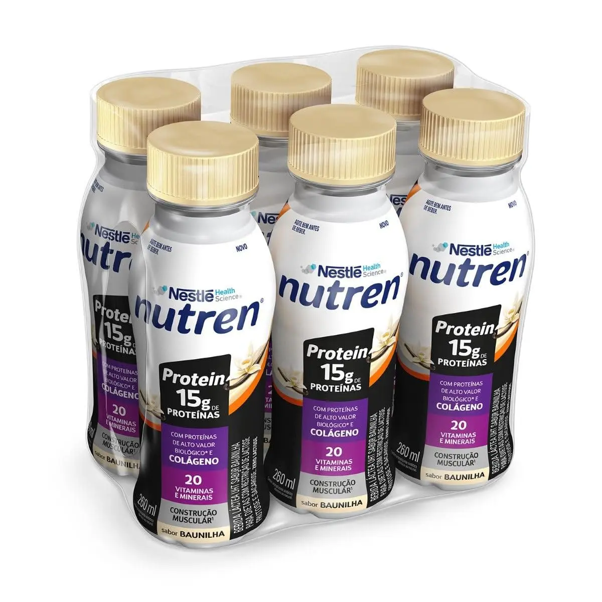 Bebida Láctea Nutren Protein 15g de proteínas Baunilha 260ml com Colágeno - 6 Unidades