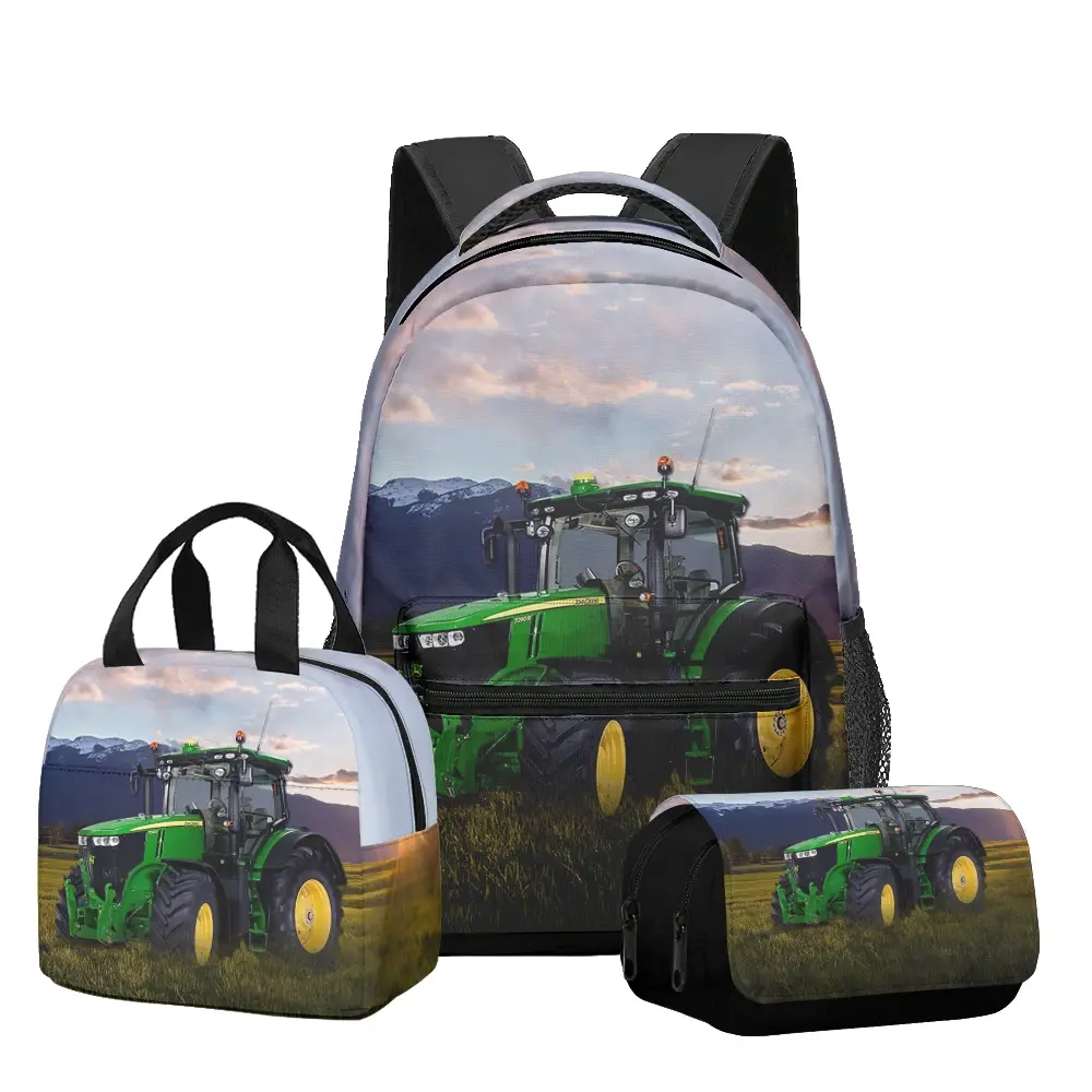 Luxo popular engraçado trator padrão 3d impresso 3 pçs/set estudante sacos de escola viagem notebook mochila almoço saco lápis caso - 1