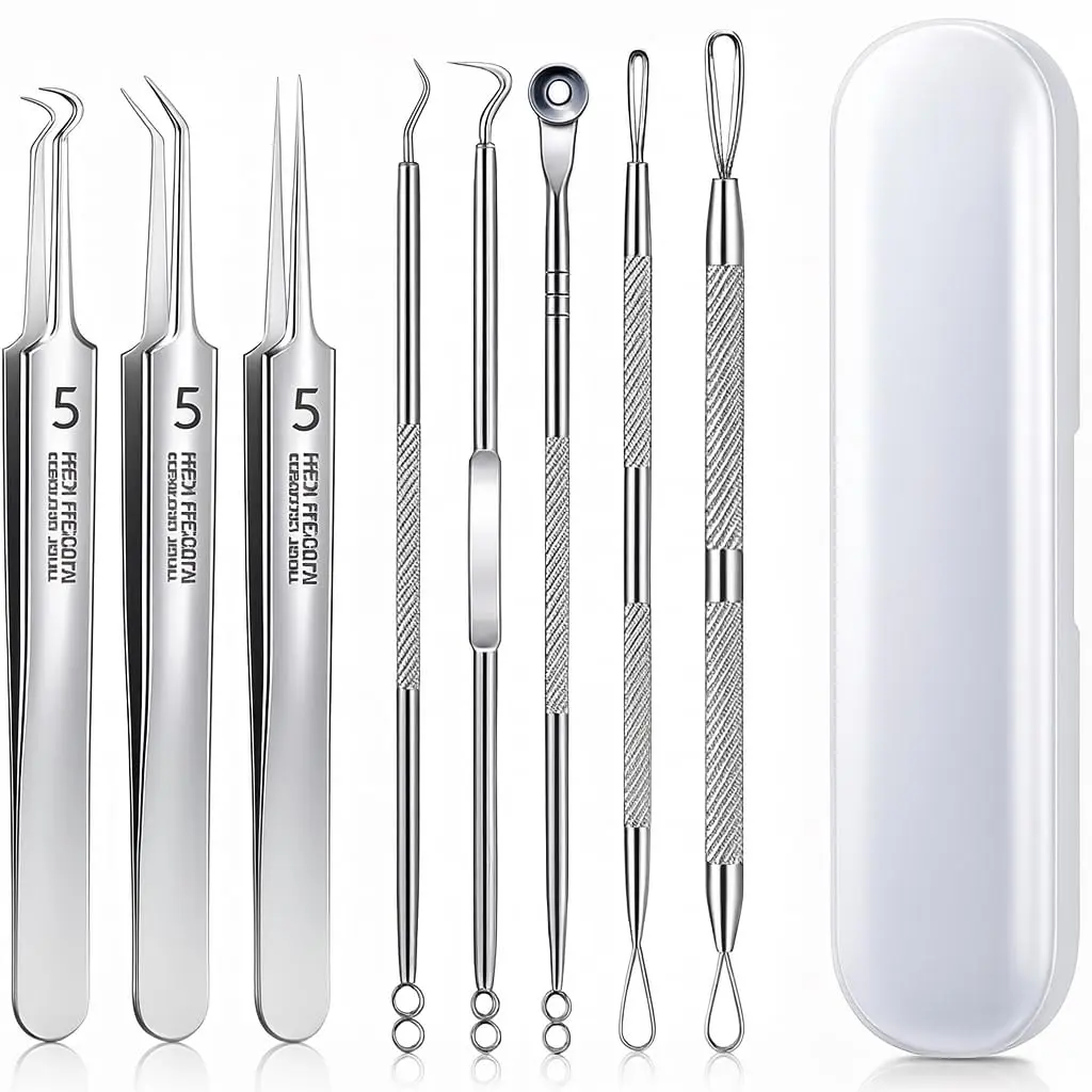 Kit Removedor de Cravos e Espinhas Profissional 8 Peças Inox com Estojo – Ferramentas de Higiene Facial para Limpeza de Poros, Acne e Cravos, Extrator de Cravos e Espinhas