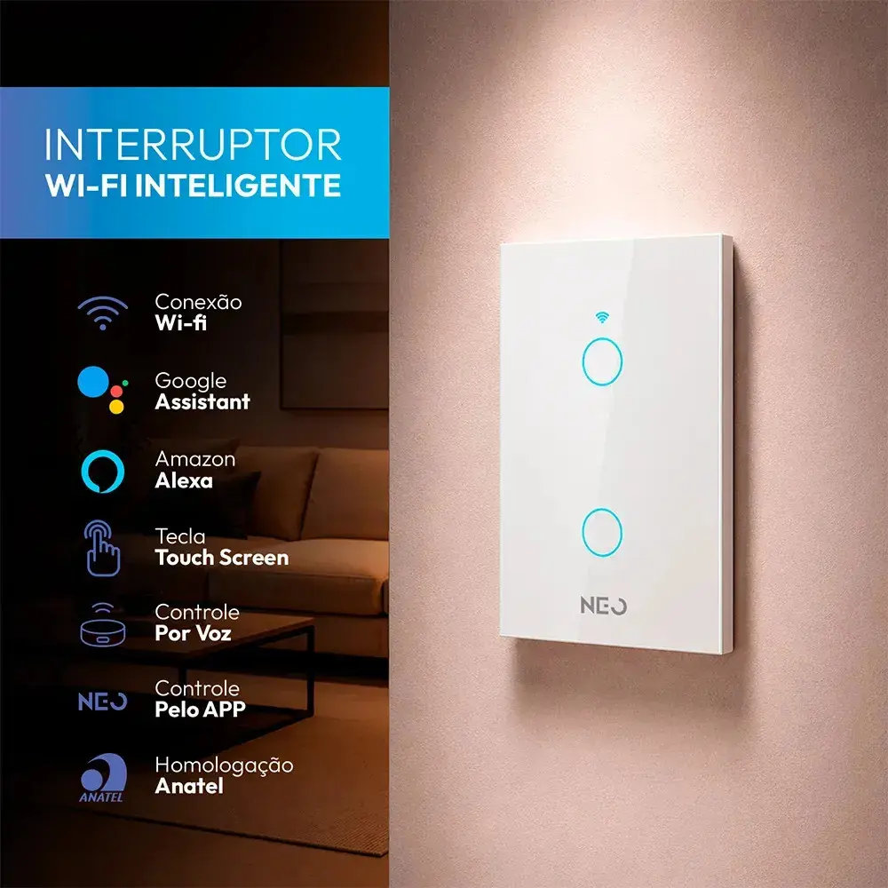 Interruptor Smart Inteligente Wi-fi 2.4 GHz Alexa google 2 Botões 4x2 Branco Cod: 291005159 Neo Avant