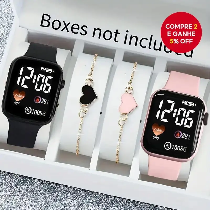 Conjunto De Relógio Digital Elegante , 4 Peças , Caixa Quadrada , Pulseiras De Coração Para Mulheres , Presente De Natal - 1