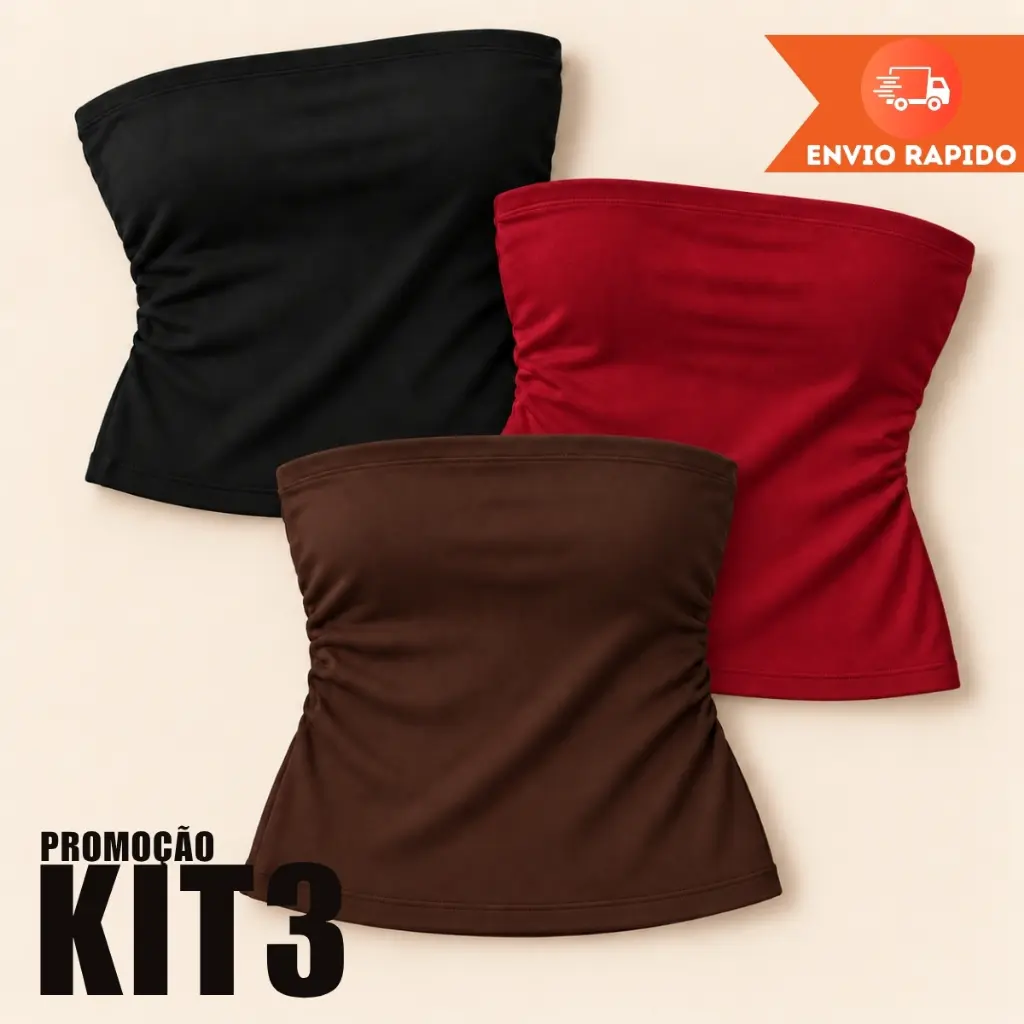 KIT 3 Cropped Top Tube Feminina Tomara que Caia Fitness Duplo Cropped Tubinho Estilosa Básico - 1