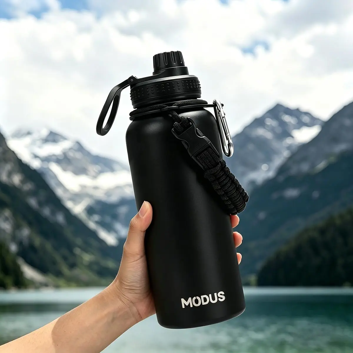 Garrafa Térmica 950ml – 24h Gelada, Alça Paracord | Tampa Antivazamento, sem BPA (Preto)