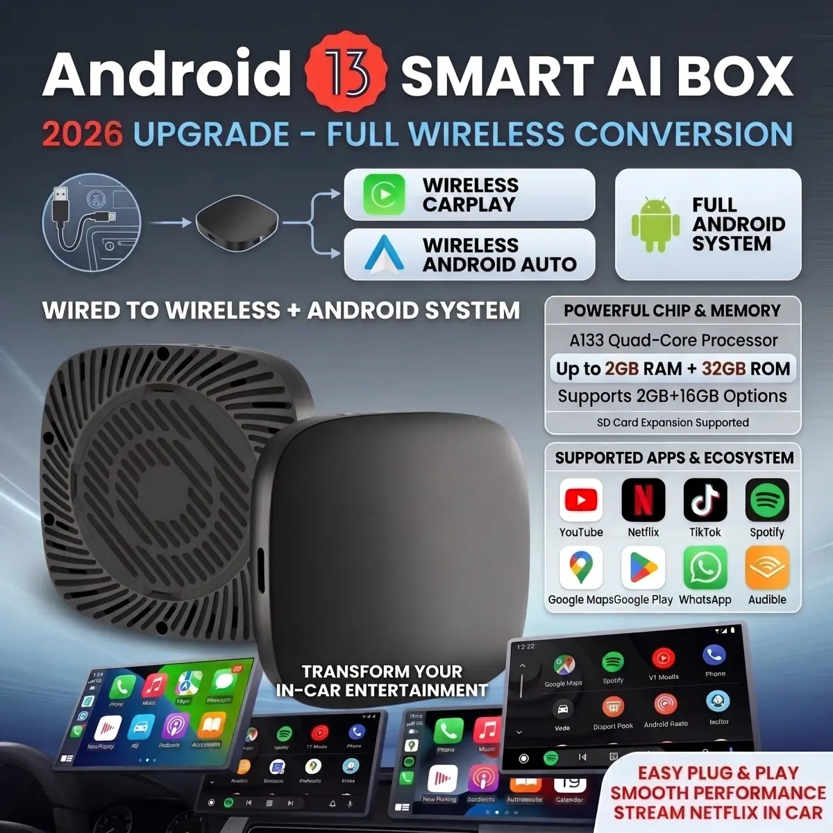 2026 Android13 CarPlay Ai Box Kowankit Adaptador USB Sem Fio Android Auto 3 em 1 Para Youtube Netflix Caixa de TV Universal Plug and Play - 1