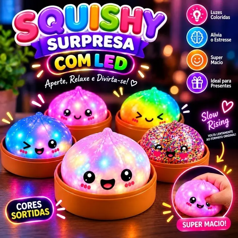 Squishy Dumpling Brinquedo Com Luz Squish Surpresa Antiestresse Bolinho Fofinho Macio Grande - 1