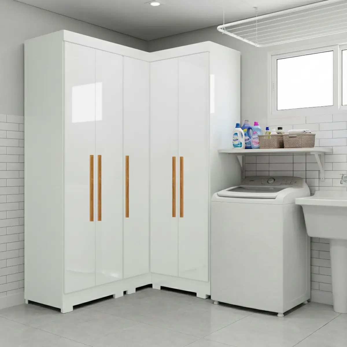 Armário Multiuso para Lavanderia Modulado 5 Portas com Pés Branco Aurora Branco