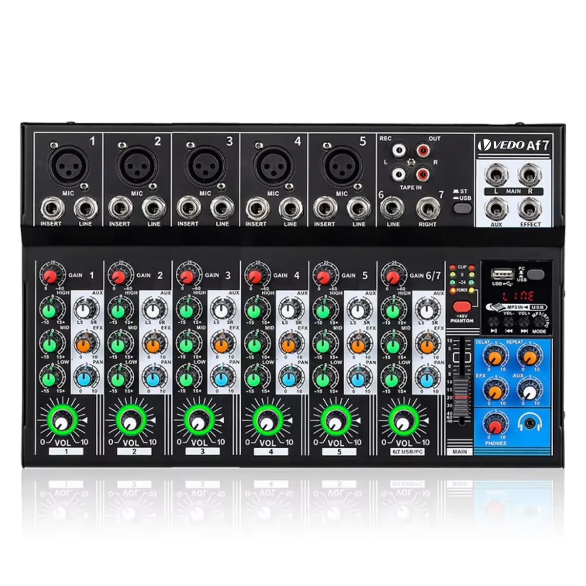 AF7 Mixer Profissional 7 Canais com Bluetooth, Phantom Power 48V e Entradas XLR/TRS - USB Type-C, EQ 3 Bandas, Loopback para Transmissão Ao Vivo e Gravação em Home Studio