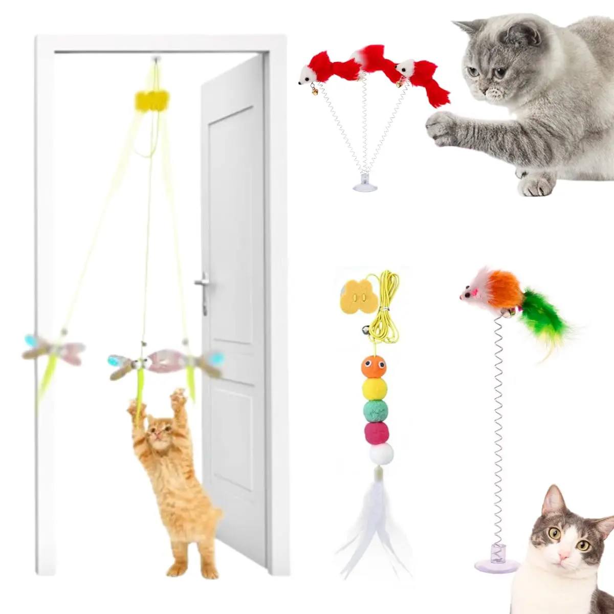 Kit 2 Brinquedo Para Gato Elástico Pendura Porta Ratinho Mola com ventosa