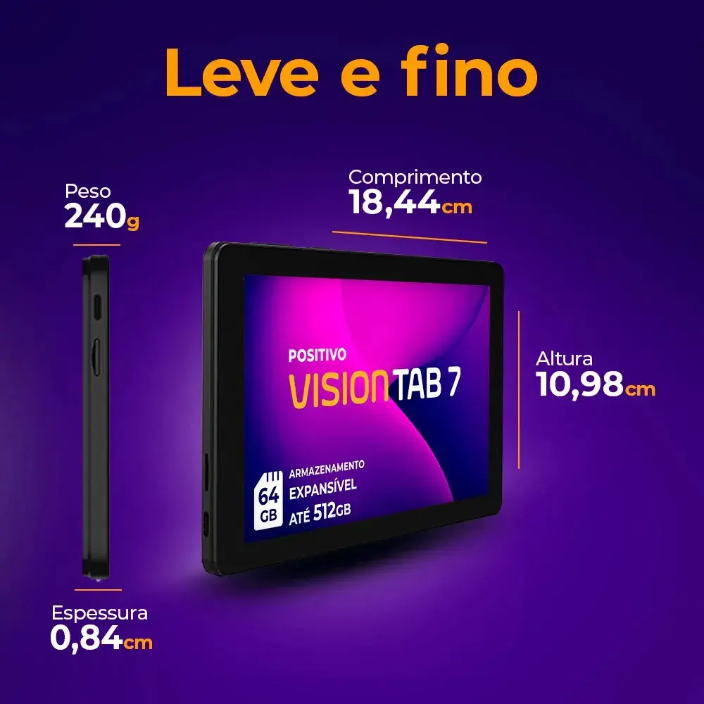 Tablet Positivo Vision TAB 7 - Processador Octa-Core 3GB RAM 64GB Armazenamento Tela 7” IPS Bateria 3100mAh, Android 14 Go, Wi-fi - Preto thumbnail 4