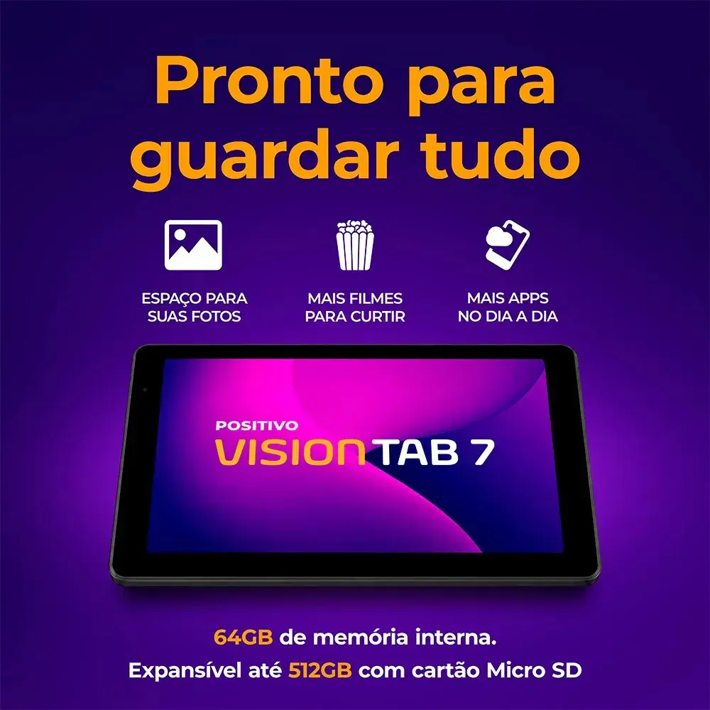 Tablet Positivo Vision TAB 7 - Processador Octa-Core 3GB RAM 64GB Armazenamento Tela 7” IPS Bateria 3100mAh, Android 14 Go, Wi-fi - Preto thumbnail 6