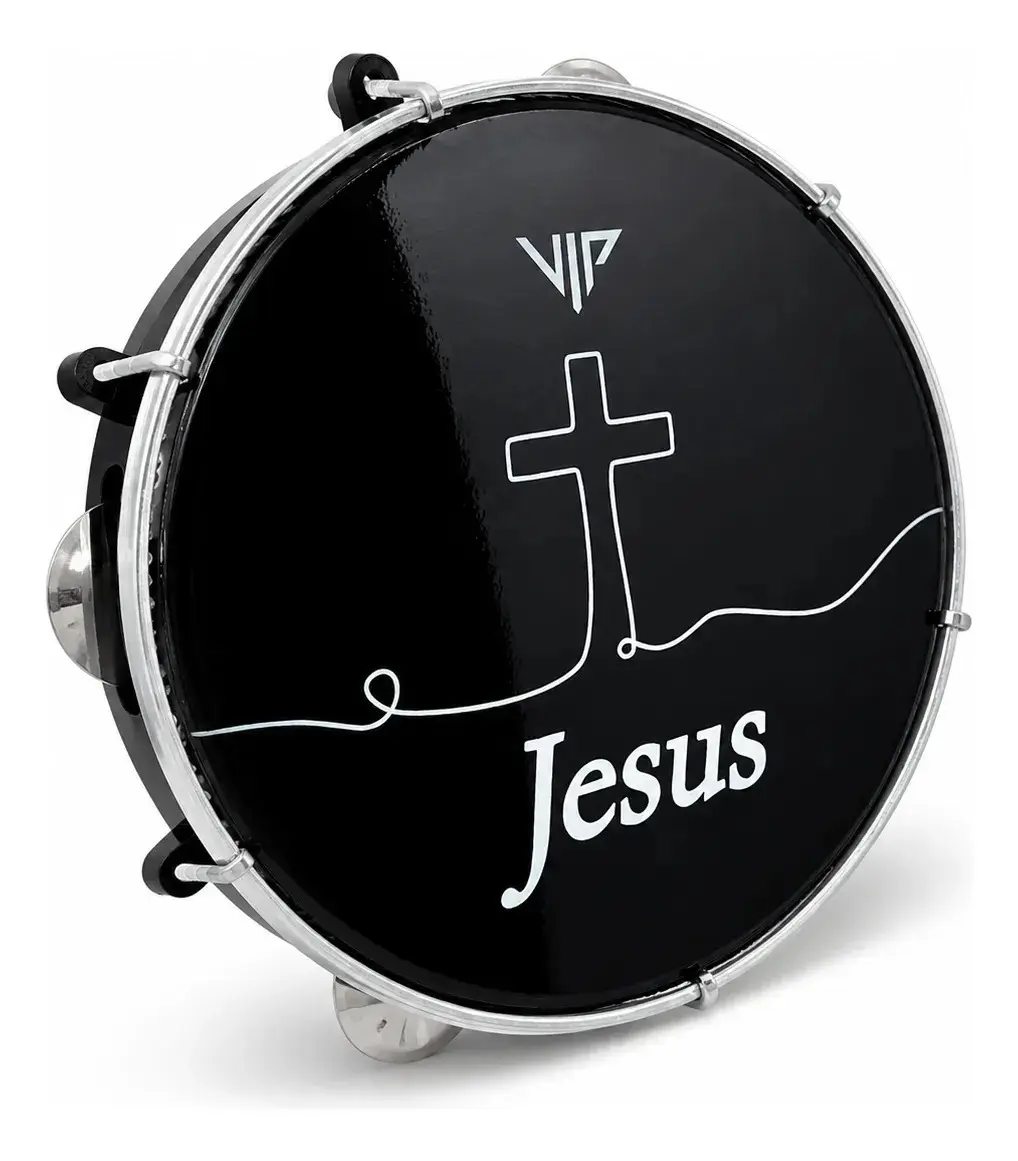 Pandeiro Profissional 10 Pol Pele Leitosa Preto Vip Jesus - 1