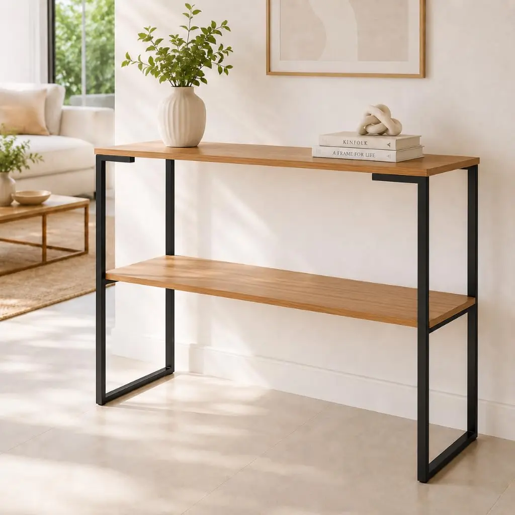 Mesa Aparador Buffet Industrial 90x76cm MDF 2 Prateleiras Café(Preto - Freijo)