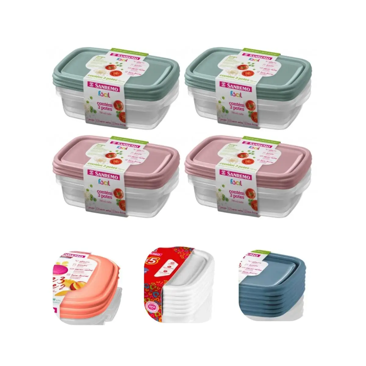 Conjunto com 12 Potes Plásticos Herméticos, Tampa Fácil, 785ml - Sanremo Cor:Sortidos - 1