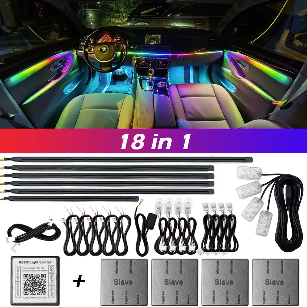 18 em 1 zona dupla sinfonia streamer carro luz ambiente interior led cor cheia rgb neon acrílico tira atmosfera kit de iluminação app