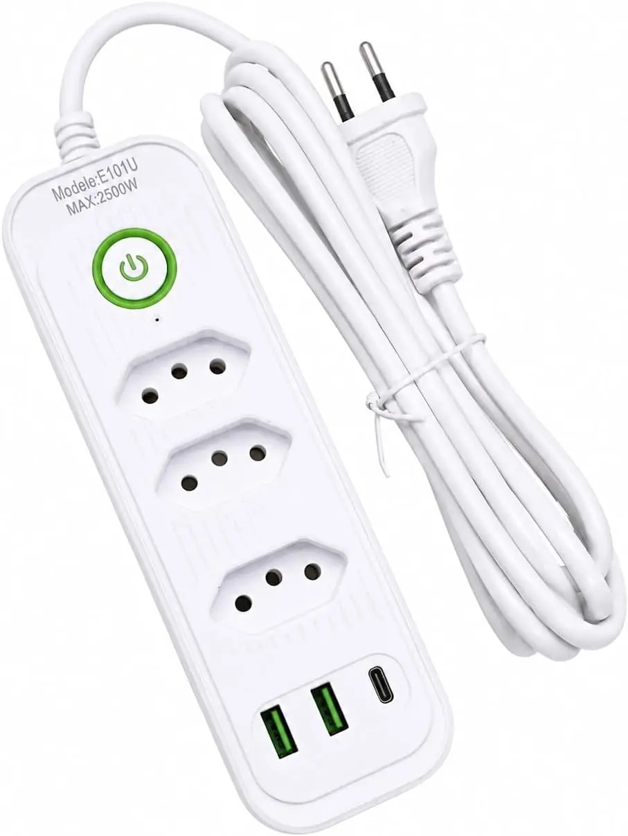 Extensão Régua de Tomadas 3 Saídas com 2 USB-A e USB-C, 2500W, 2 Metros. | Modelo E101U, Botão Liga/Desliga, Cabo Longo Incluso, Carregamento USB-C, Máx. 2500W