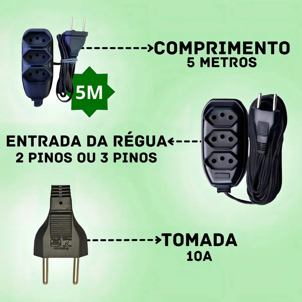 Extensão Cabo 5m Bivolt 3 Tomadas Preto thumbnail 3
