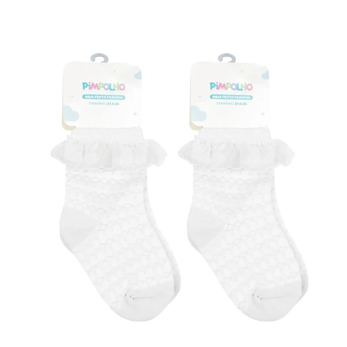 Kit 2 Pares Meia Infantil Menina com Tule para Festa e Batizado Pimpolho (BR, Idade, 13 Meses, 3 Anos, BRANCO 21-25) - 1
