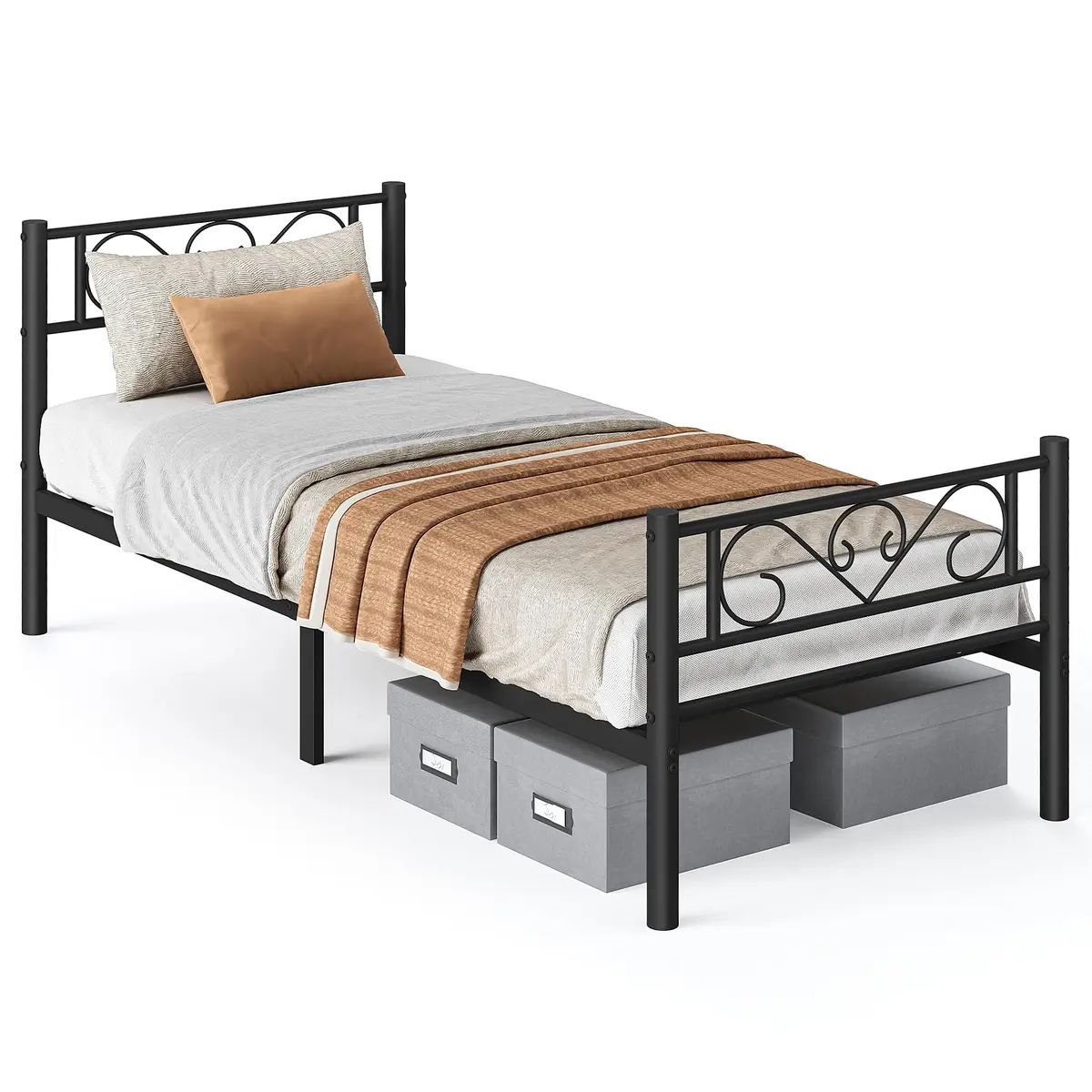 VASAGLE Cama 90 x 200 cm, Cama de Hóspede, Estrutura de Cama de Metal, Estrado, Montagem Fácil, Preto Tinta BRRMB062B01