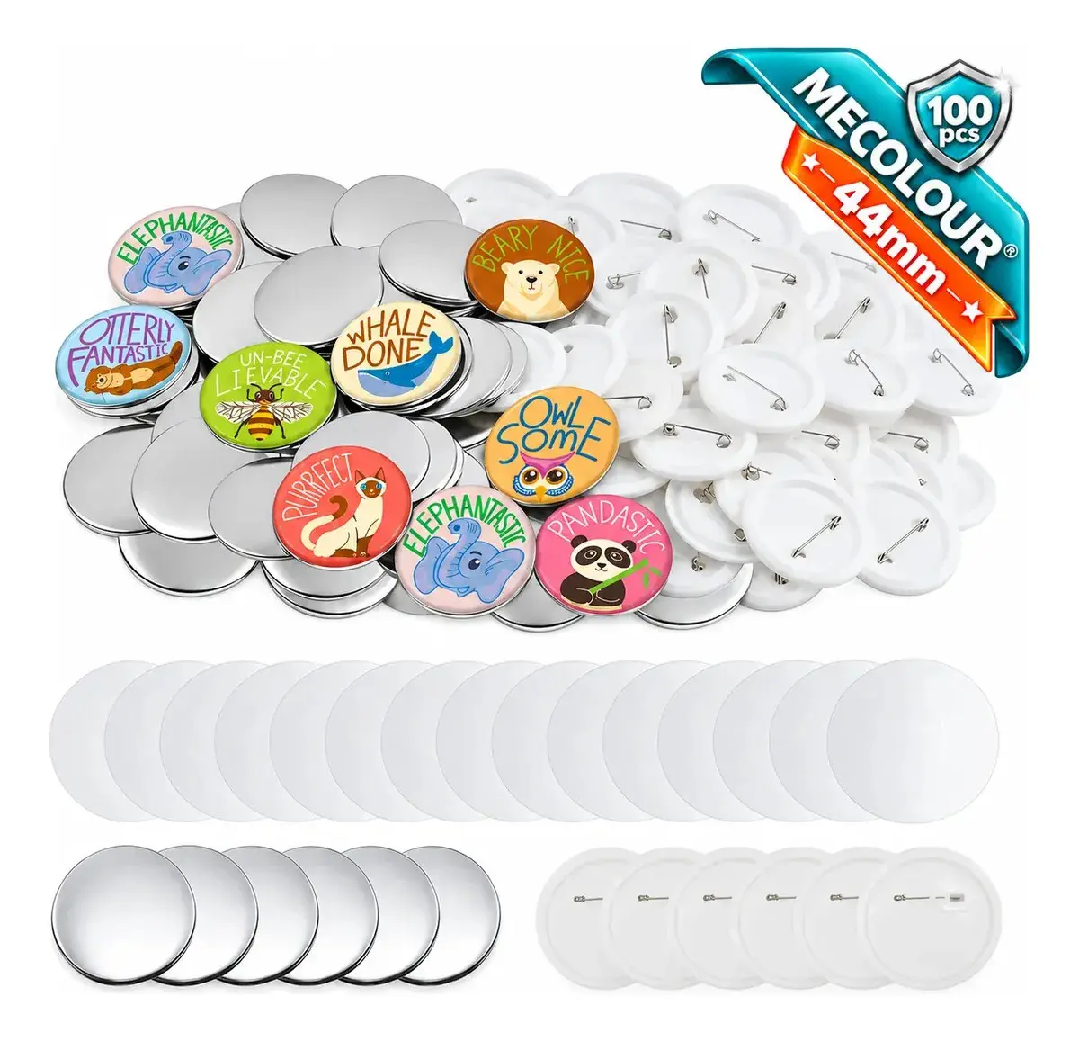 44mm Branco Pins E Bottons 100 Kits Para Mecolour Máquina De Button