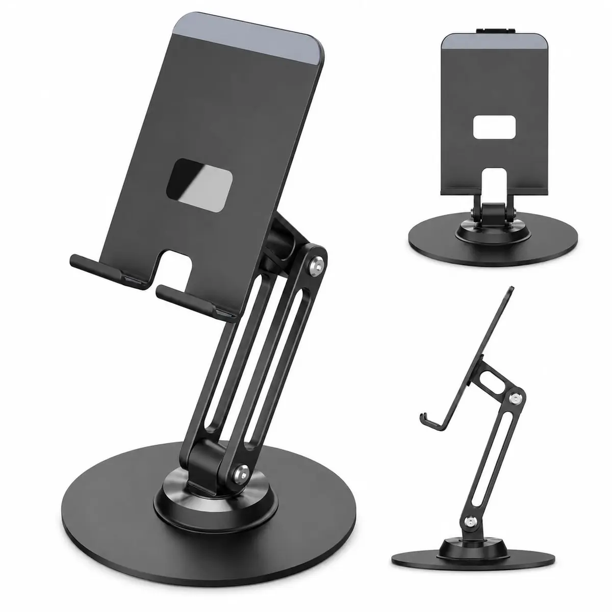Suporte de Mesa para Celular Giratório 360° em Alumínio Preto Ajustável Articulado com Base Antiderrapante para Smartphone, Videochamada, Escritório e Home Office