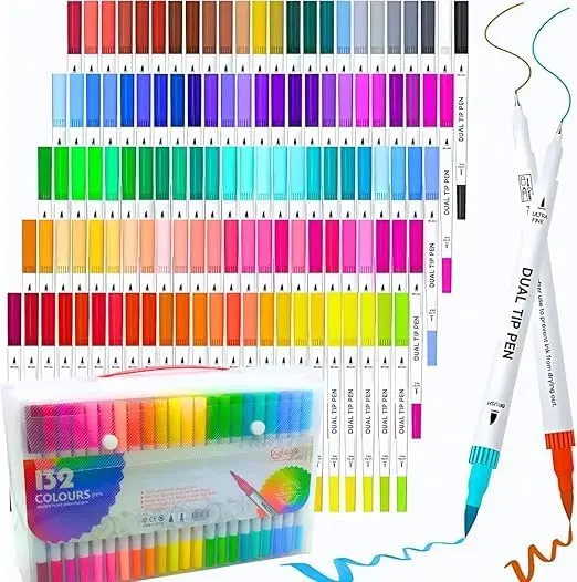 Canetas Brush Pen 132 Cores Ponta Dupla Fina e Pincel Base Água | Ponta fina 0,4mm e pincel 1–2mm, para colorir, desenhar, ilustrar, lettering e papelaria criativa