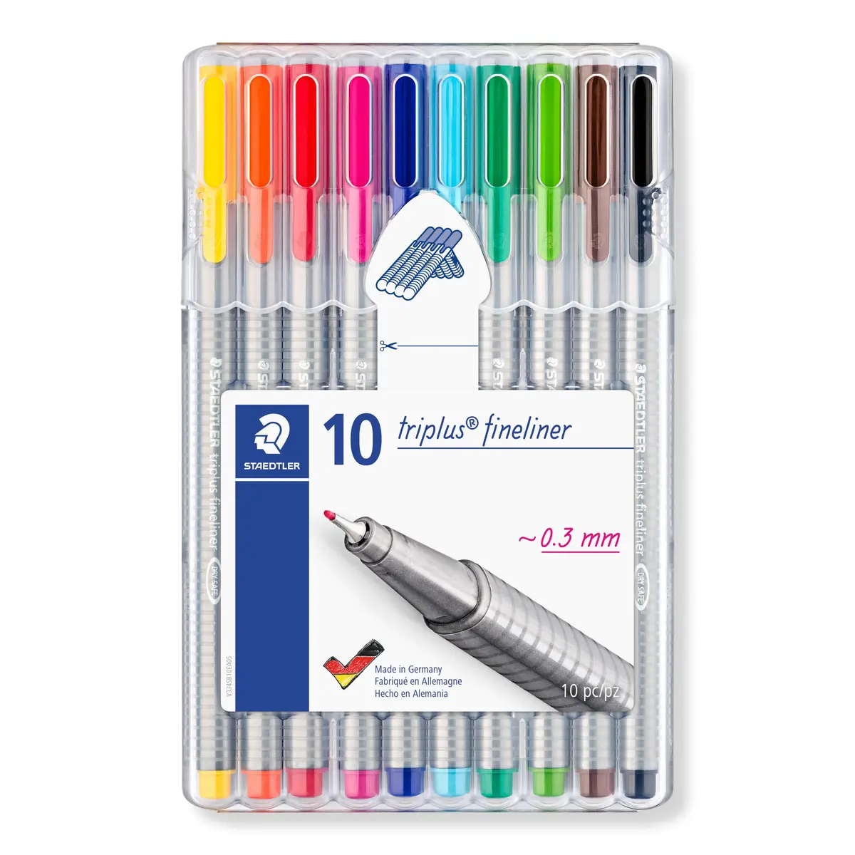 STAEDTLER Caneta Ponta Fina Triplus Fineliner 0.3mm STAEDTLER Box 10 Cores Sortidas - 334 SB10 - Corpo Ergonômico Triangular – Ideal para Escrita e Bullet Journal - 1