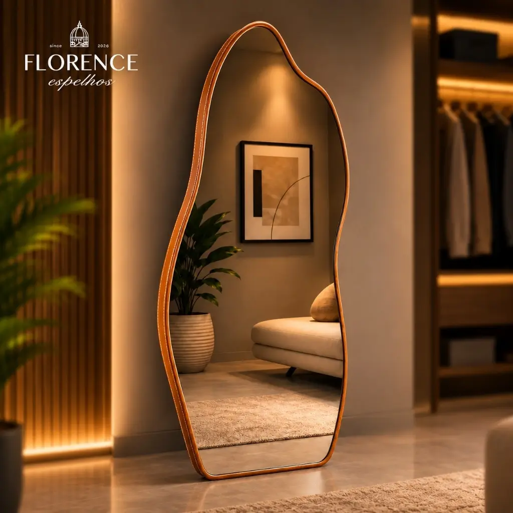 Espelho Orgânico 120x50 e 80x40 Com Moldura EM COURO Corpo Inteiro Moderno Luxo - 1