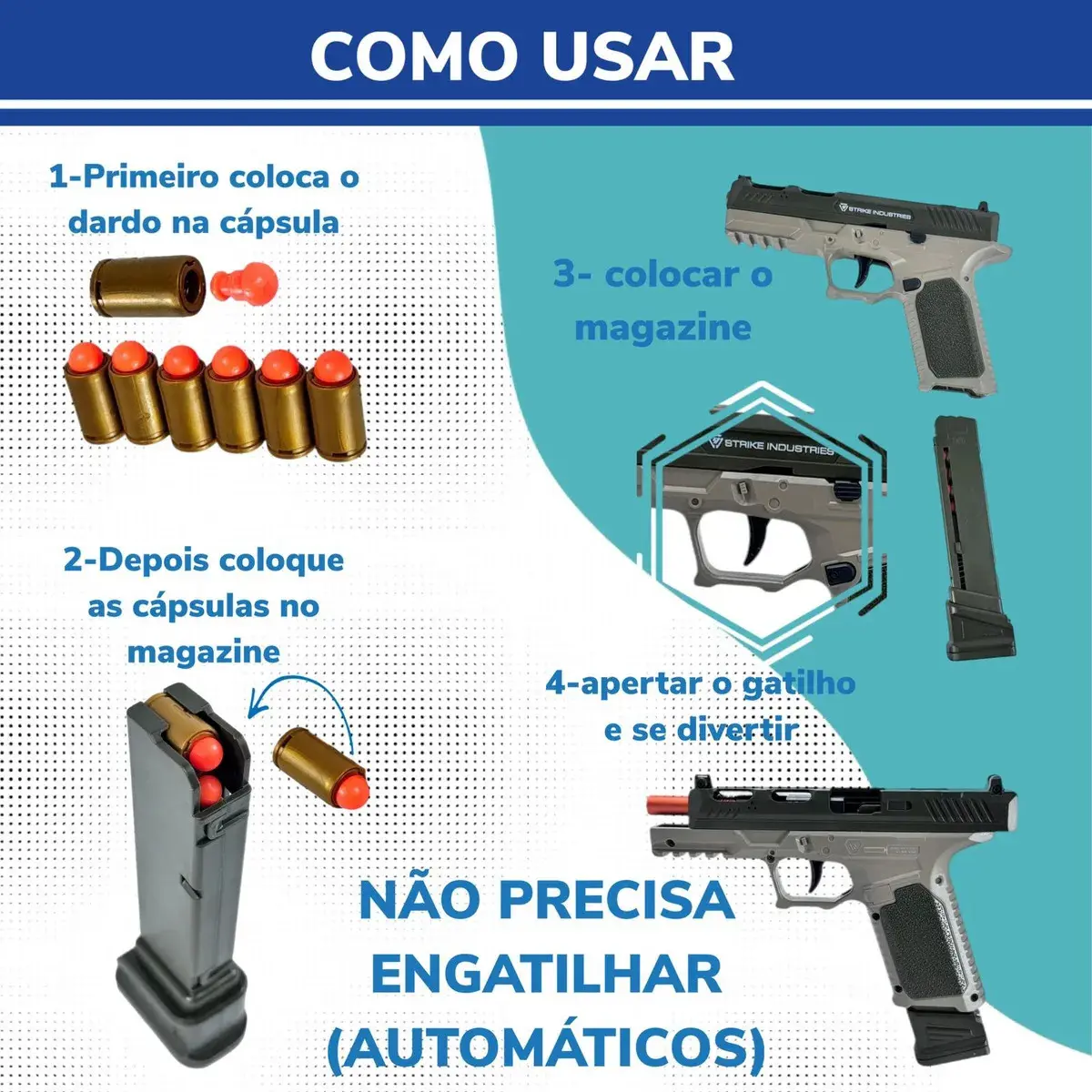 Glock Arma De Brinquedo Com Dardos E Capsulas Automatico Cor Azul thumbnail 4