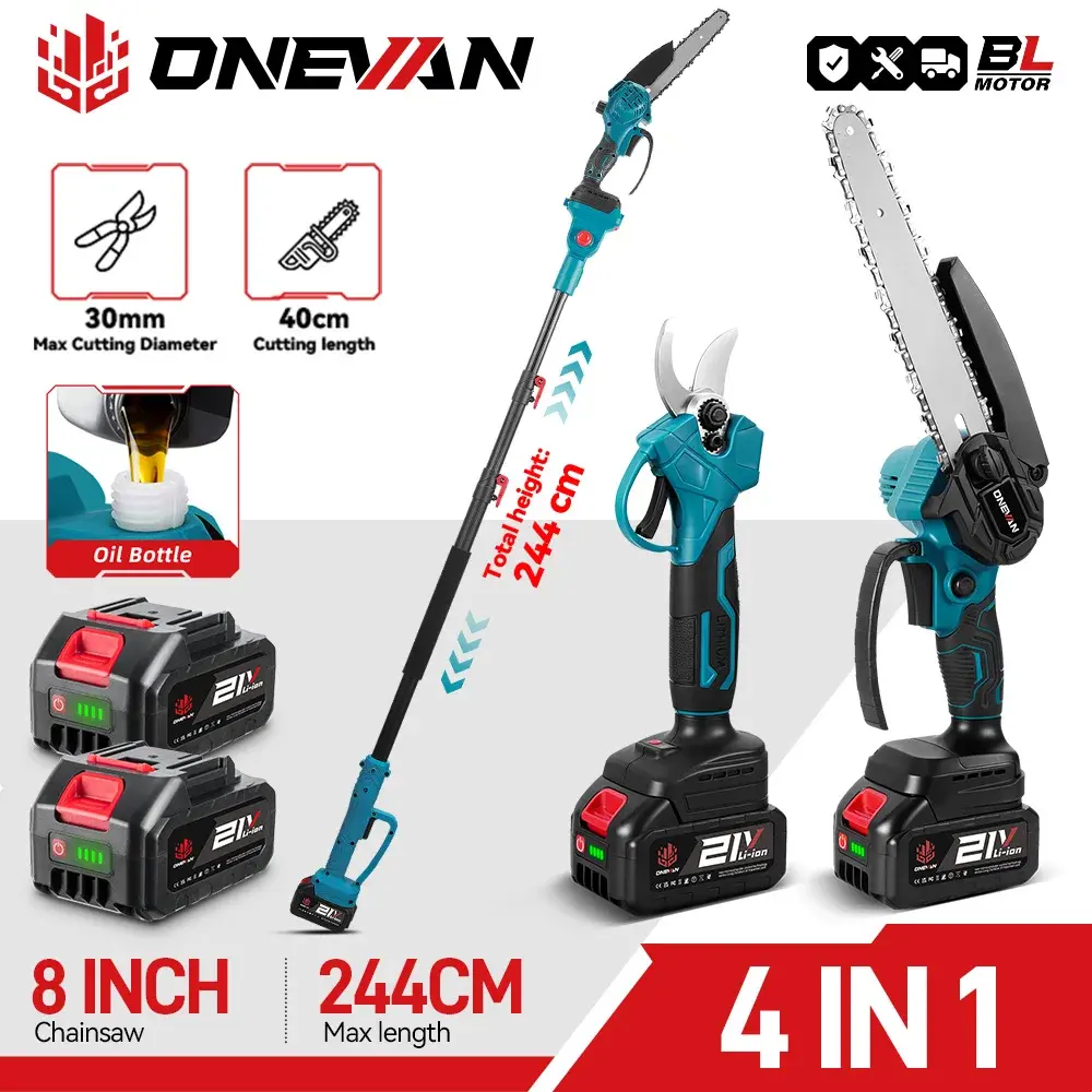 Serra de Poda Elétrica Sem Fio ONEVAN de 8 Polegadas com Motor Brushless para Galhos Altos, Ferramenta de Jardinagem Compatível com Bateria Makita 18V
