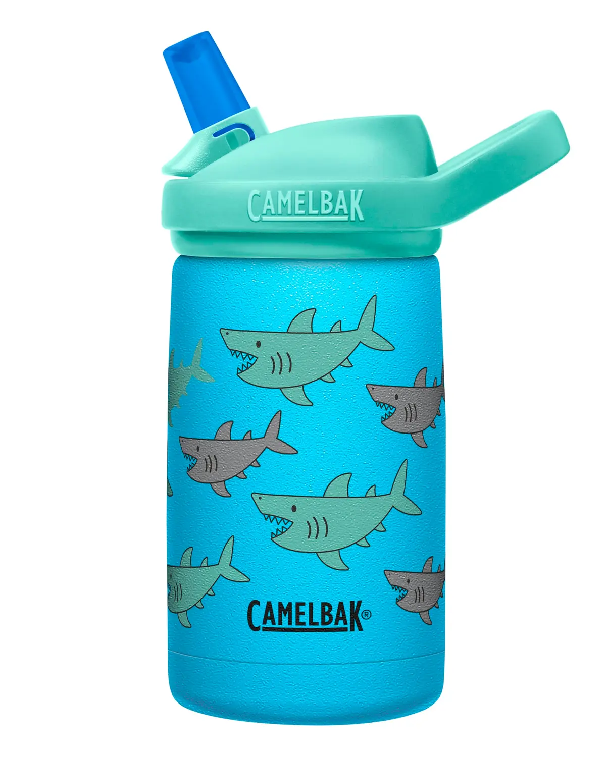 Camelbak, Garrafa Eddy Kids De 350 mL, Isolamento Térmico, Aço Inoxidável, Sistema De Proteção Contra Engasgamento, Sem Vazamentos, Livre De Material Tóxico, Fácil De Limpar, School Of Sharks