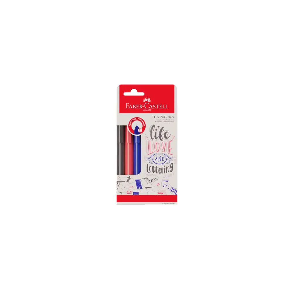 Caneta Ponta Fina, Faber-Castell, Fine Pen Colors, FPB/ES3NZF, 3 Cores Básicas (Azul, Vermelho e Preto)
