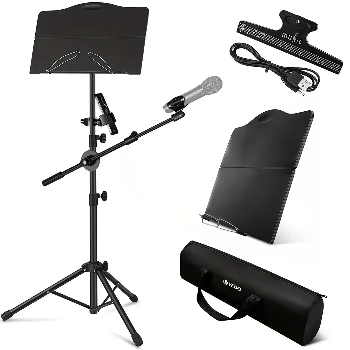 Estante De Partitura Dobrável Vedo Com Suporte De Muisica Com Suporte De Microfone E Telefone