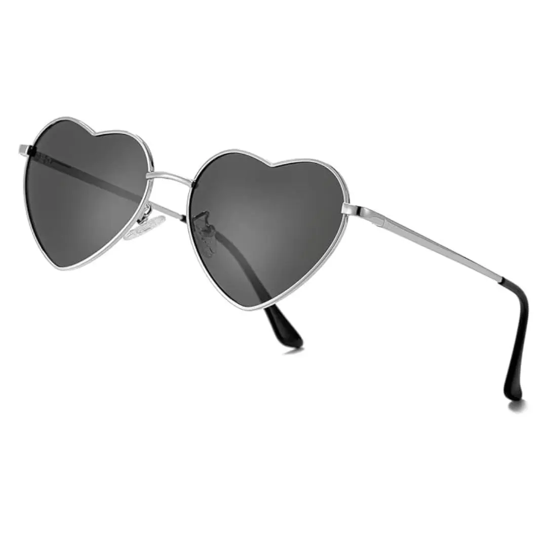 Óculos de Sol Feminino Coração Polarizado UV400 Preto e Prata | Formato coração, lentes polarizadas UV400 e armação metálica leve para looks românticos, retrô e modernos