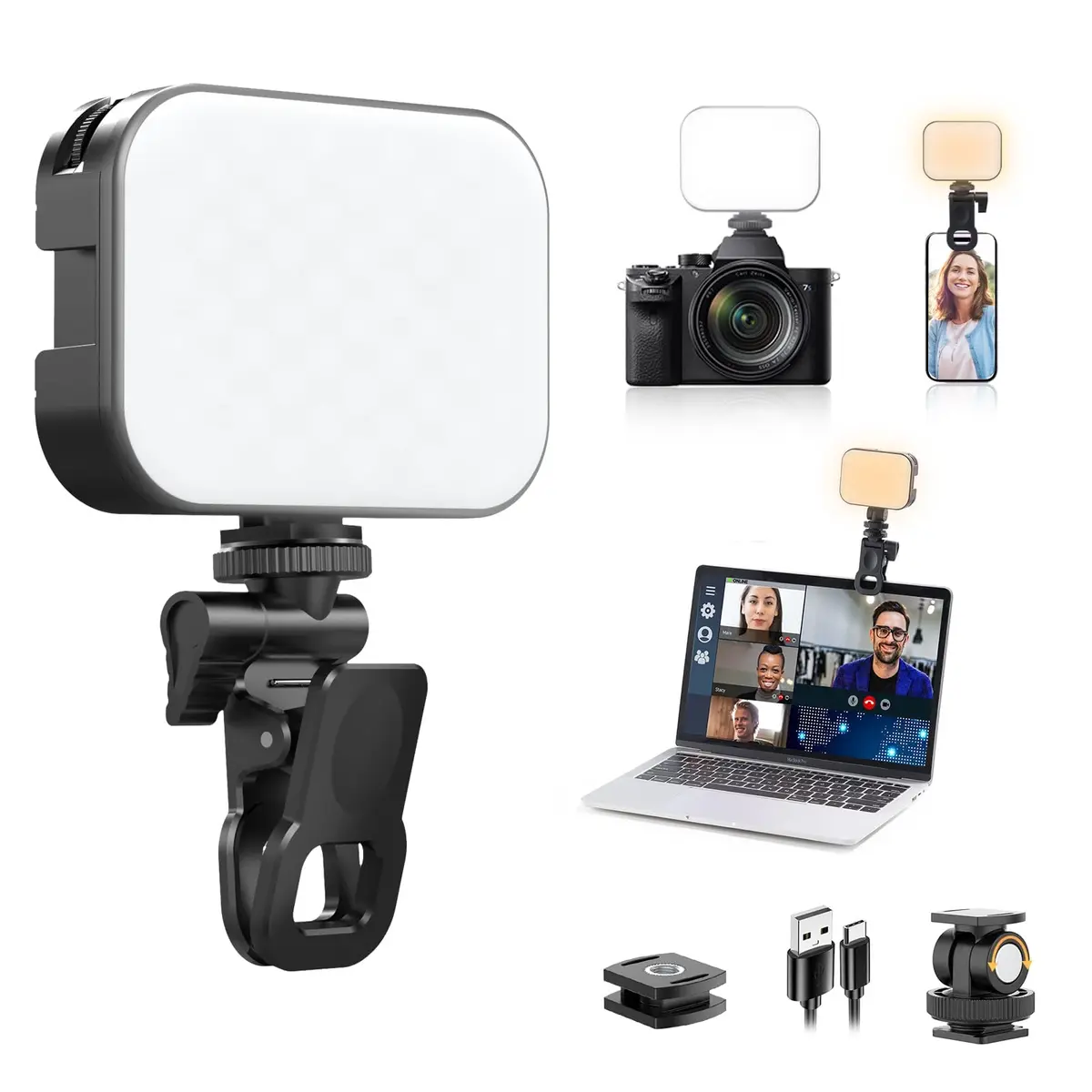 ULANZI VL100X Luz de selfie, painel de luz LED com clipe para telefone/laptop/tablet/computador, clipe portátil bicolor para câmera com luz regulável de 2500 a 6500 K com bateria de 2000 mAh