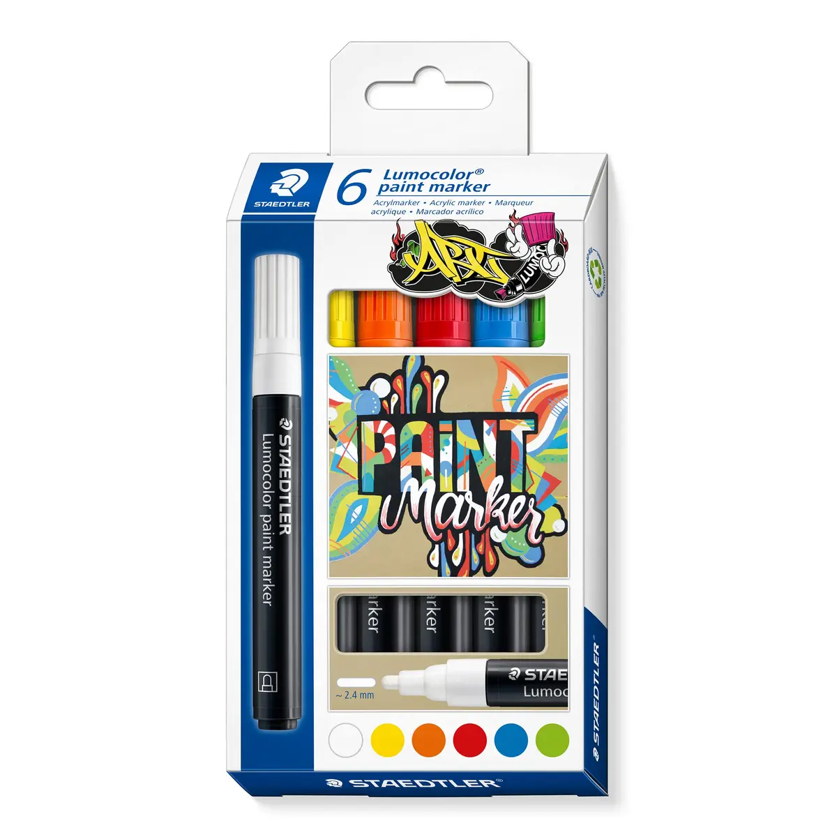 STAEDTLER Marcador Acrílico Lumocolor 6 Unidades 6 Cores Sortidas - 349 C6 - Tinta Permanente à Base de Água, Para Superfícies Escuras, Secagem Rápida, Ponta Arredondada 2,4mm
