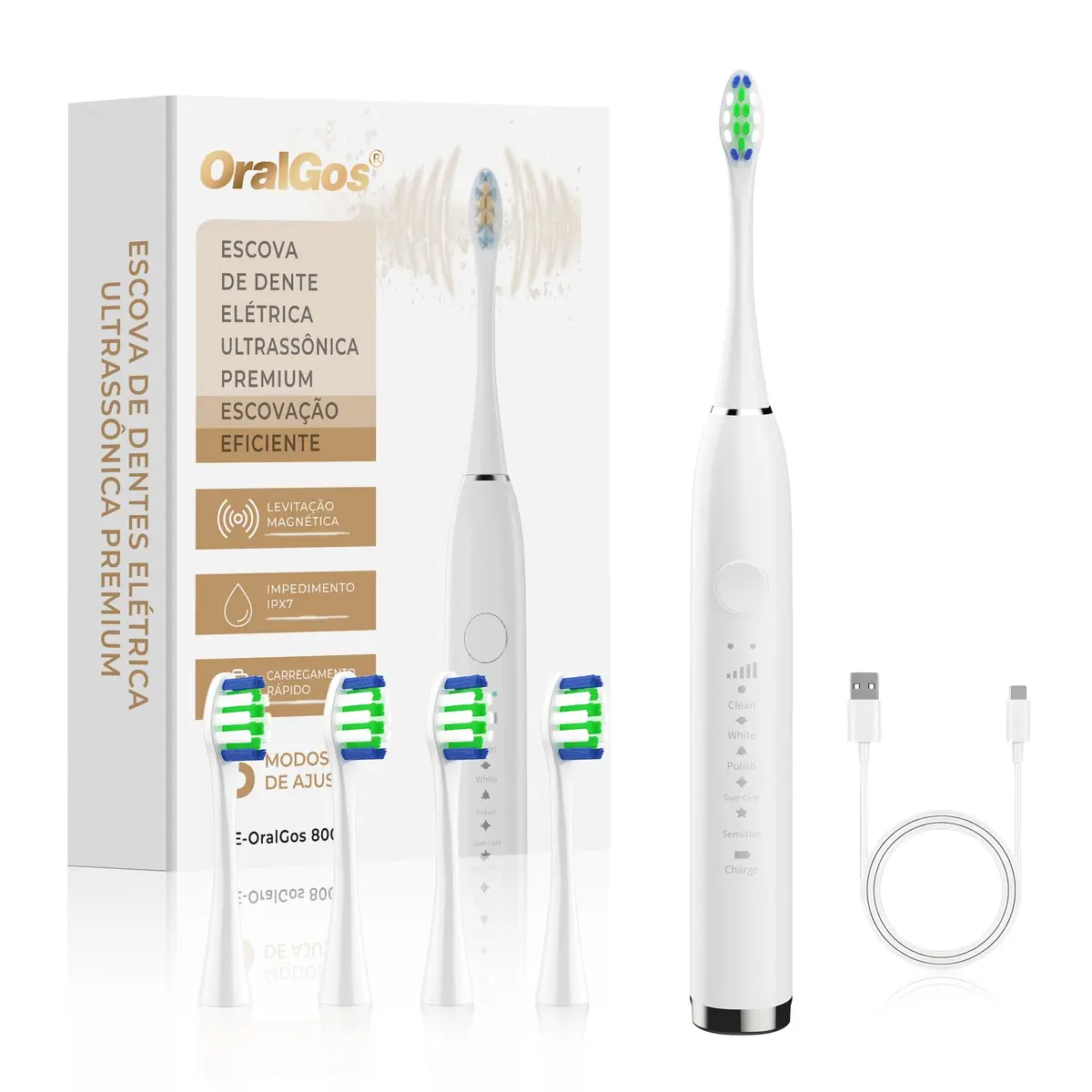 OralGos Escova Dental Elétrica para Adulto, 5 Modos Ultrassônicos, Limpeza Profunda, com 4 Cabeças Substituíveis, Recarregável e Portátil, 1 Unidade