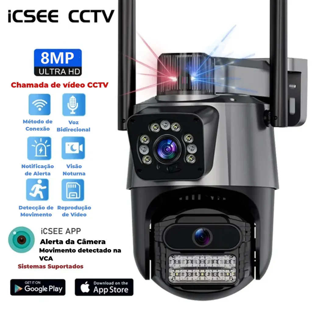 JL PROTEC 4K 8MP Câmera de Segurança 2 Lentes Com Audio e Microfone Câmera 355 Graus Wifi