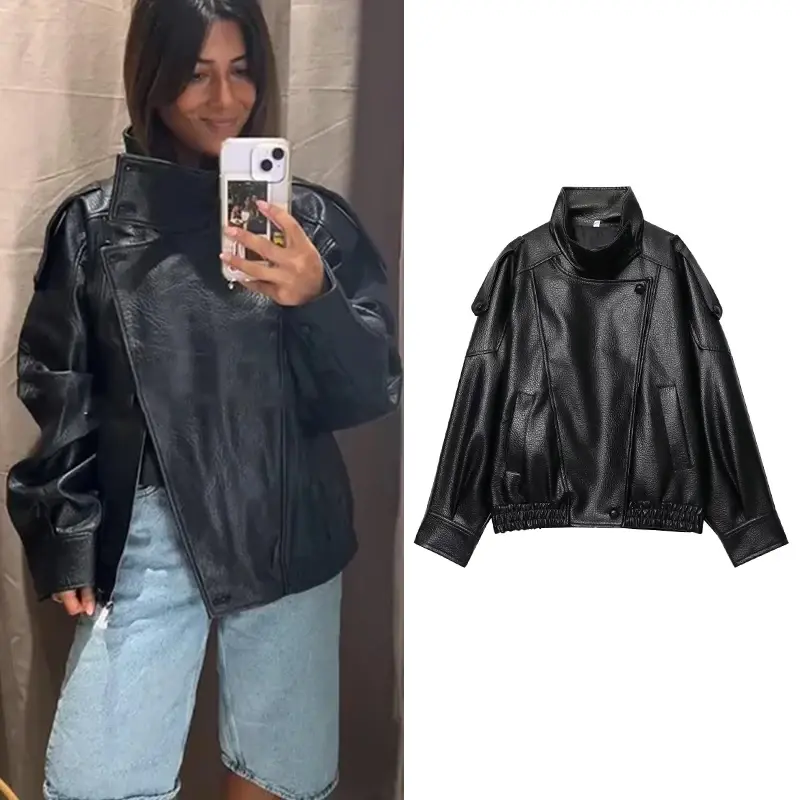 Tfmln chique preto falso couro jaquetas femininas manga longa botões elásticos casacos de grandes dimensões moda 2025 outono inverno streetwear
