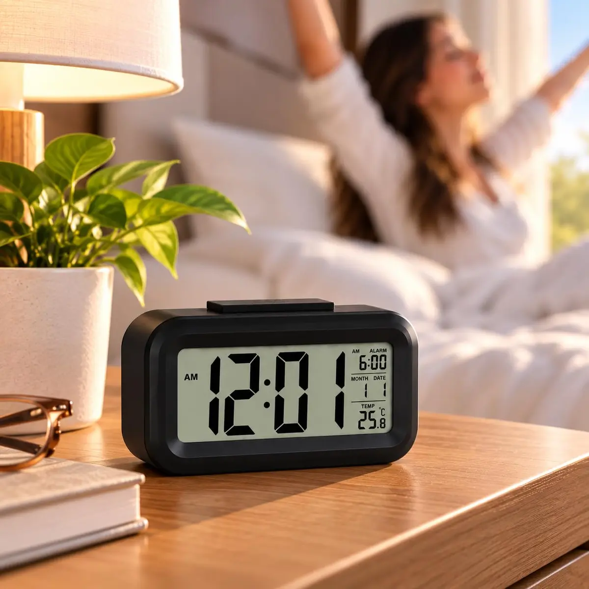 Relógio Despertador Digital Mesa Luz LED Sensor Temperatura Pilha AAA Preto