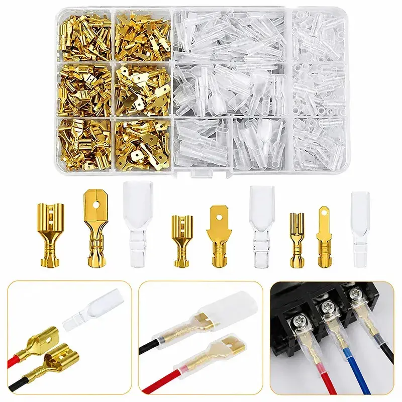 Kit 135 Terminal Faston Conector Elétrico com Capa Isolante Dourado Conectores para Fios Automotivo Moto Eletrônica - 1