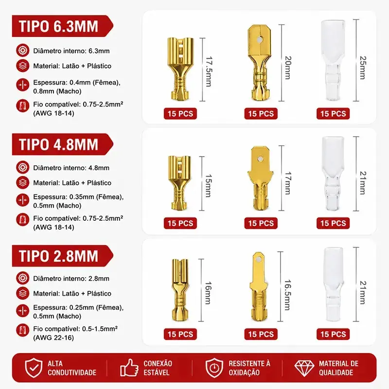 Kit 135 Terminal Faston Conector Elétrico com Capa Isolante Dourado Conectores para Fios Automotivo Moto Eletrônica thumbnail 3
