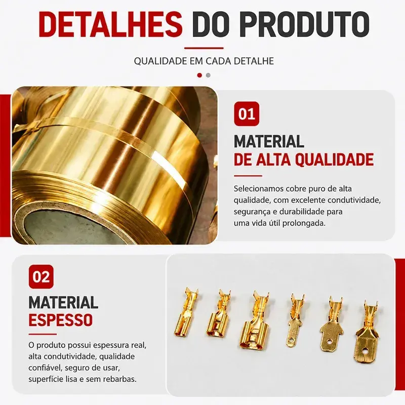 Kit 135 Terminal Faston Conector Elétrico com Capa Isolante Dourado Conectores para Fios Automotivo Moto Eletrônica thumbnail 5