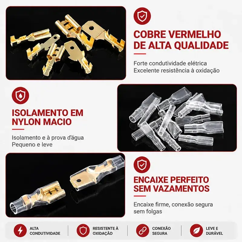 Kit 135 Terminal Faston Conector Elétrico com Capa Isolante Dourado Conectores para Fios Automotivo Moto Eletrônica thumbnail 8