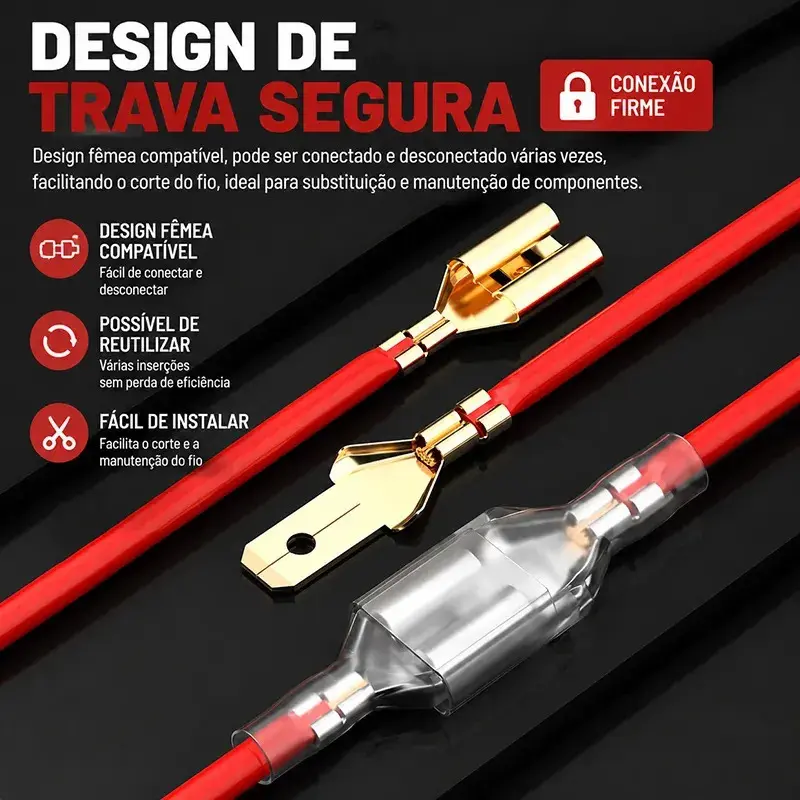 Kit 135 Terminal Faston Conector Elétrico com Capa Isolante Dourado Conectores para Fios Automotivo Moto Eletrônica thumbnail 9